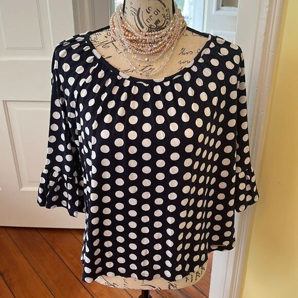 *Michael Kors* Sz S Classic Navy Blue & White Polka Dot Top - Picture 1 of 8